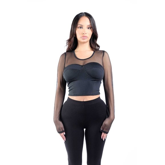 Women's Mesh Long Sleeve Blouse Top Scoop Neck Cropped Style Open Back Comfy - Picture 9 of 9